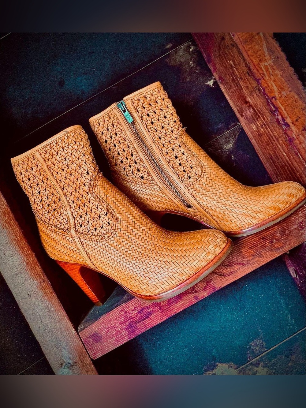FRYE Woven Tan Leather Heeled Ankle Booties with Side Zip NWOB